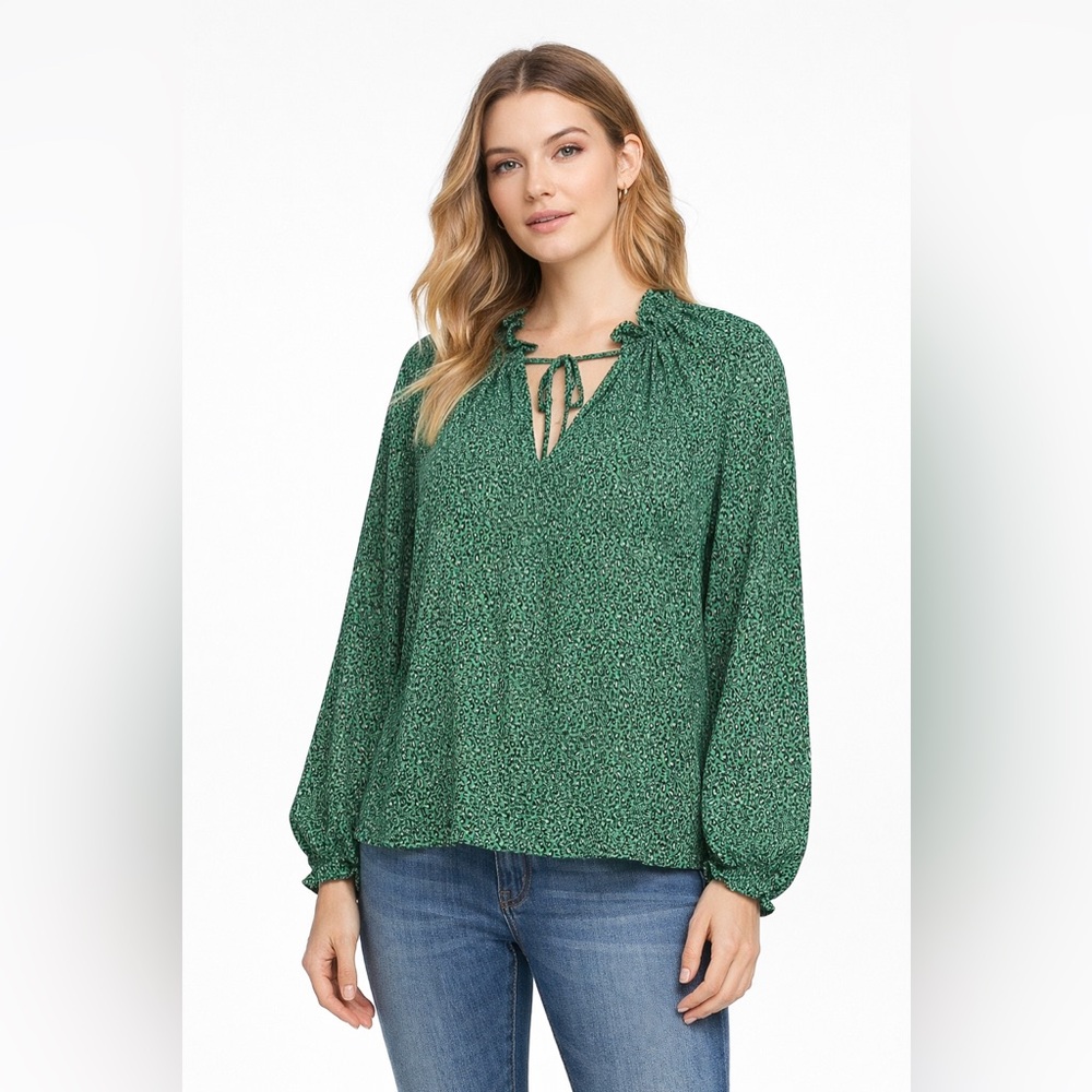 Sanctuary Green Leopard Print Tie Neck Peasant Blouse Boho Small